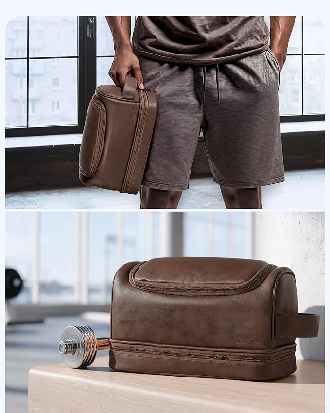 Elviros Toiletry Bag for Mens PU Leather Travel Organizer Kit with Hanging hook, Large Water-resistant Toiletries Bathroom Shaving Bags (Coffee)