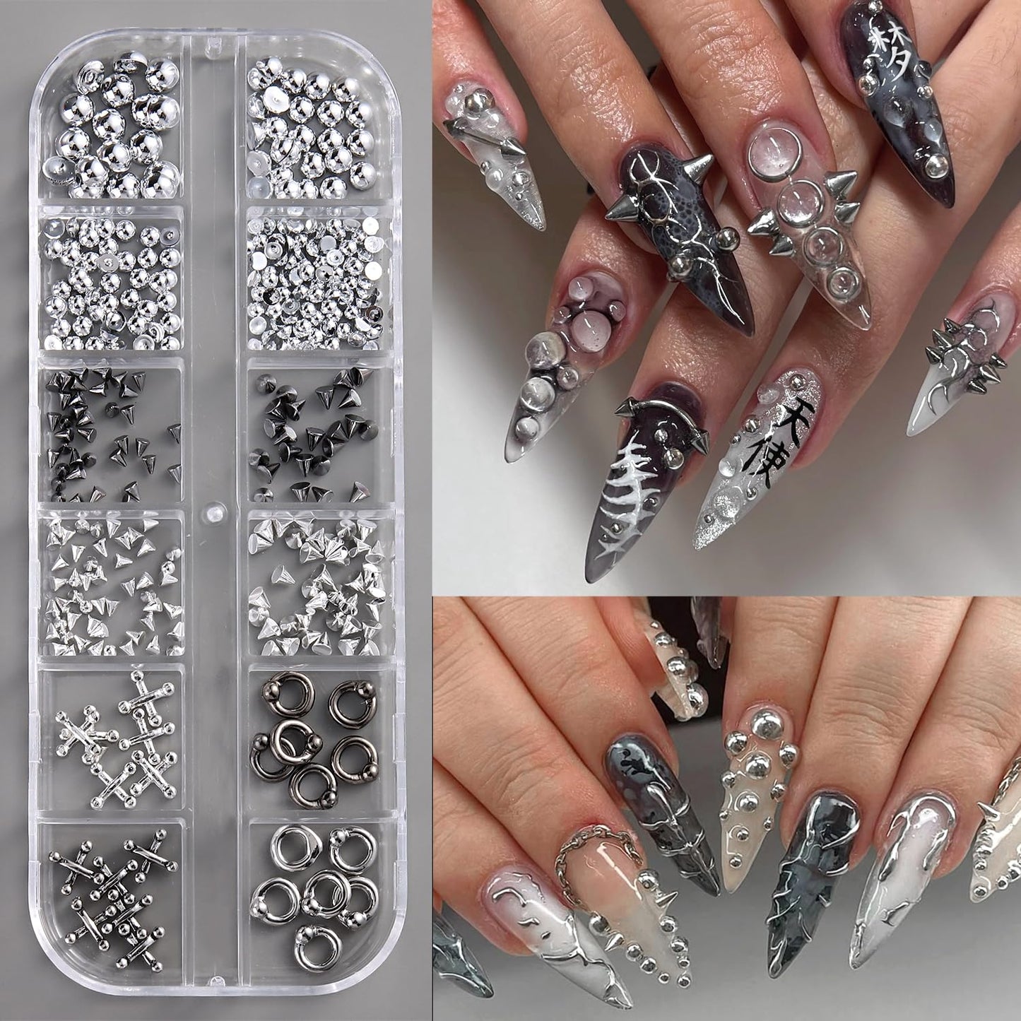 Furtherpretty Goth Nail Charms, 3D Triangle & Spike Gothic Punk Nail Charms, Black Rivet Studs Beads, Silver Alloy Piercing Grunge Y2K Nail Art Decorations, Manicure Accessories for DIY Salon Nails