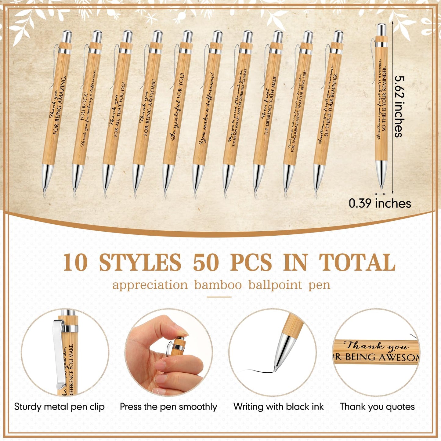 ReliThick 50 Sets Employee Appreciation Gift Bulk Inspirational Bamboo Ballpoint Pen with Thank You Greeting Card Graduation Appreciation Gift for Teacher Coworker Nurse Staff Student Office Team