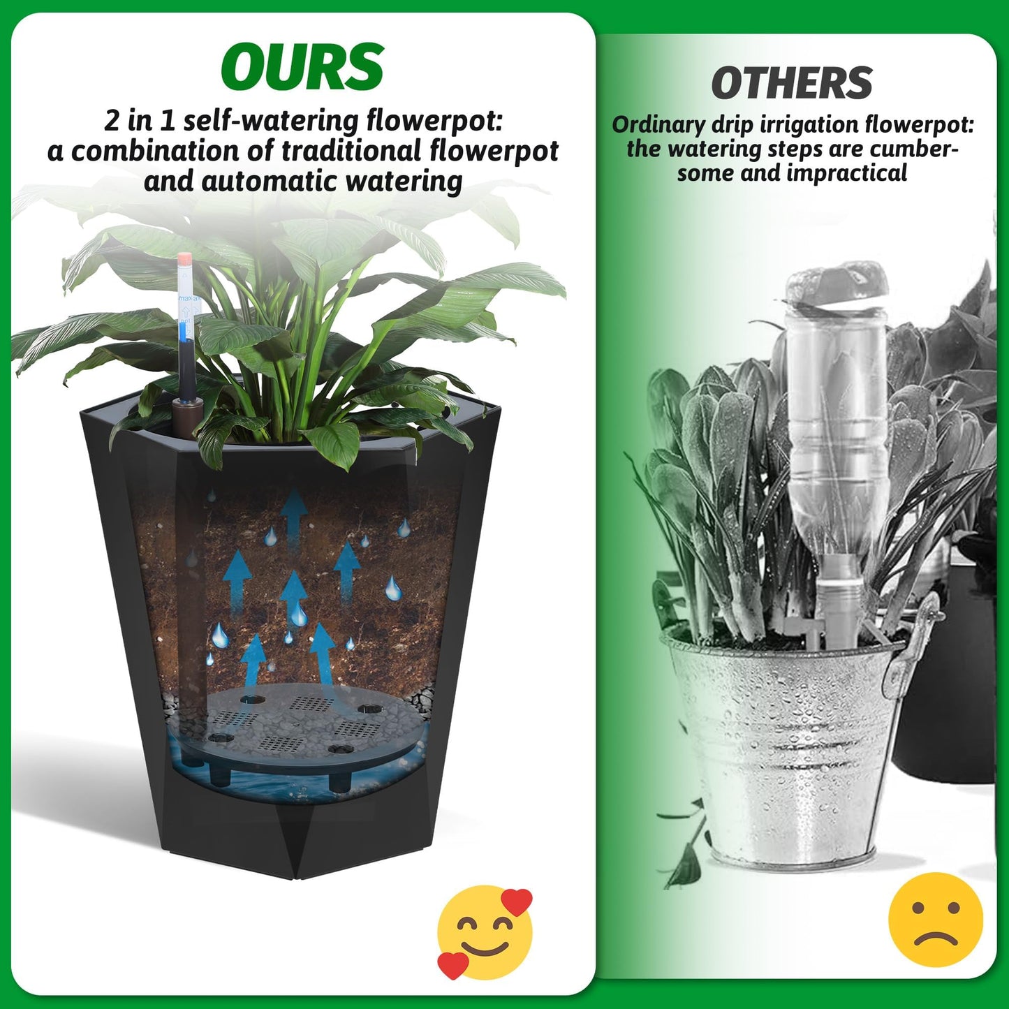16" Black Tall Planters Outdoor Set of 2, Large Black Flower Pots Outdoor with Drainage Holes & Automatic Watering System, Modern Large Resin Planters for Outdoor Plants, Front Porch, Deck, Diamond