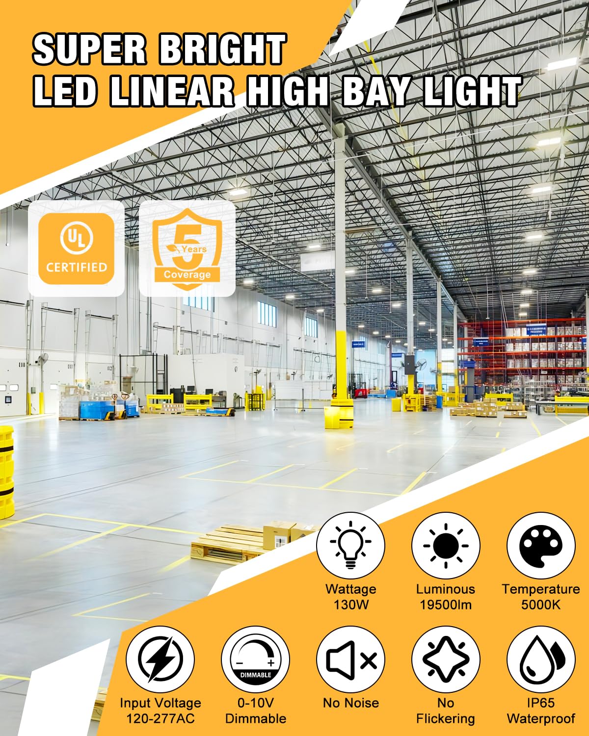 JC-LGL LED Linear High Bay Light, 130W 19500LM High Bay LED Shop Lights, 120-277V, 5000K, 0-10V Dimmable LED Shop Light, Linear High Bay Light for Warehouse Workshops, UL Complied, 4 Pack