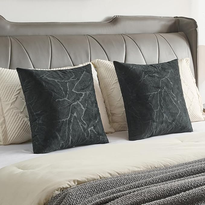 FUTEI Black Velvet Throw Pillow Covers 16x16 Inch Set of 2,Soft Embossed Leaf-Relief Textured Cushion Cases,Natural Home Decor for Couch Living Room