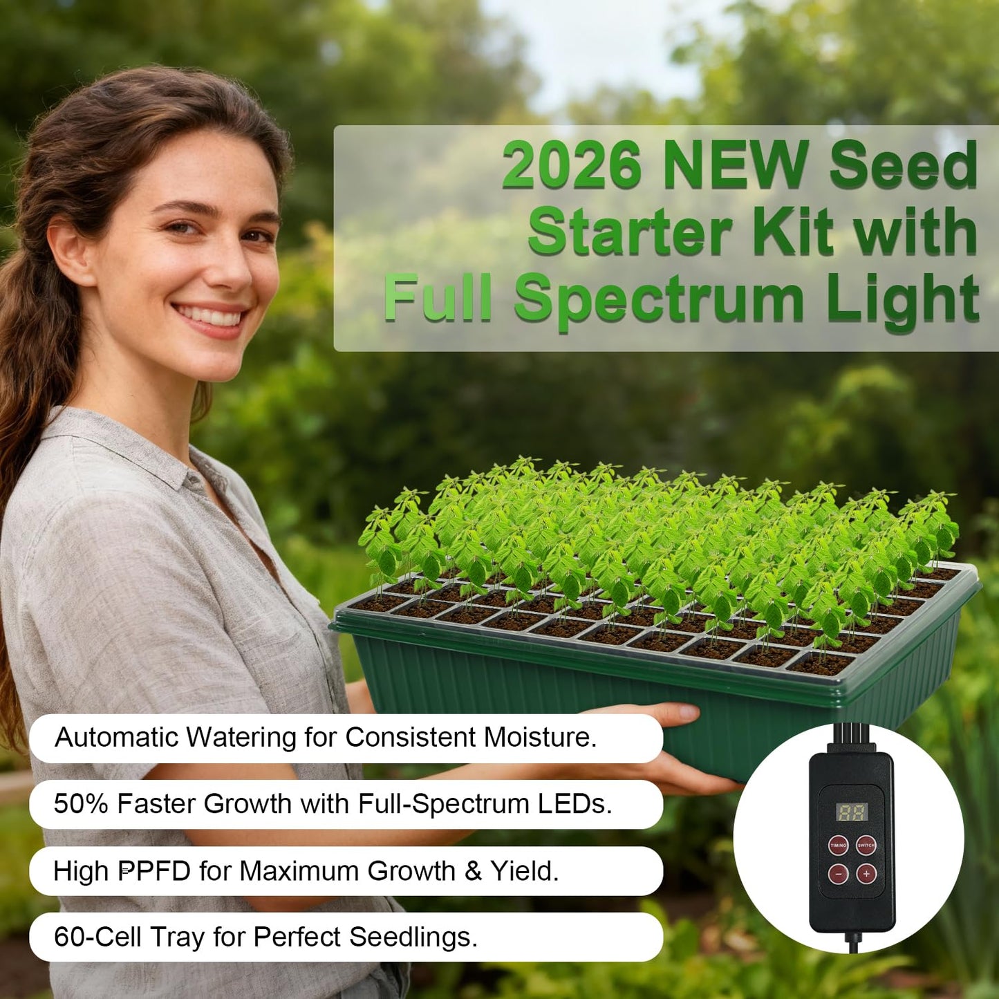 TONYFUL Seed Starter Tray with Grow Light, 60-Cell Seed Starter Kit with 4.07” Humidity Dome, Indoor Seedling Starter Tray, Seed Starting Tray for Plant Germination, Seeds Growing