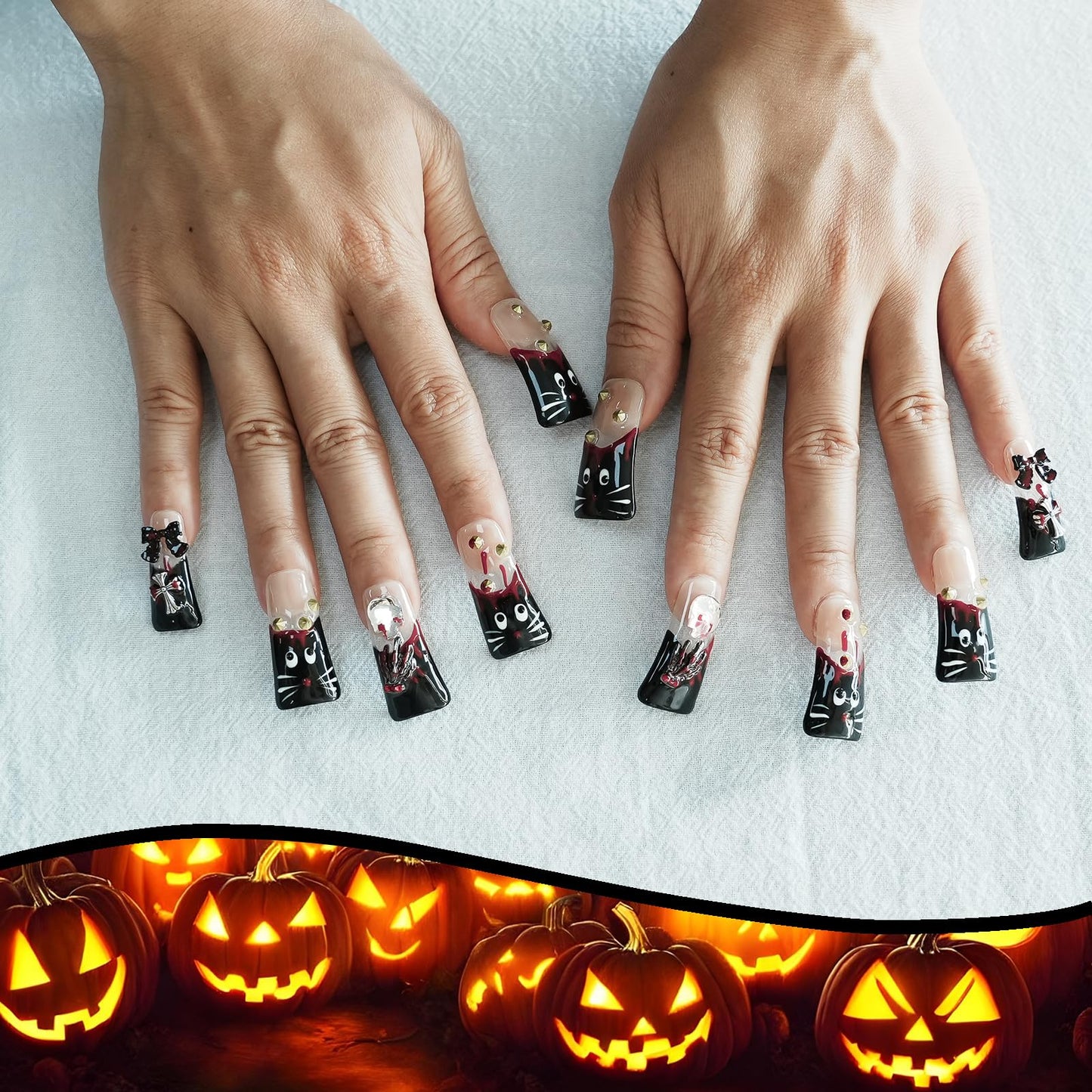 Tesytto Long Duck Gothic Cat Press On Nails - Y2K Red Drip, 3D Skull Cross Bow Charms, Reusable Acrylic Stick On Nails (Hand-Painted Cat, M)