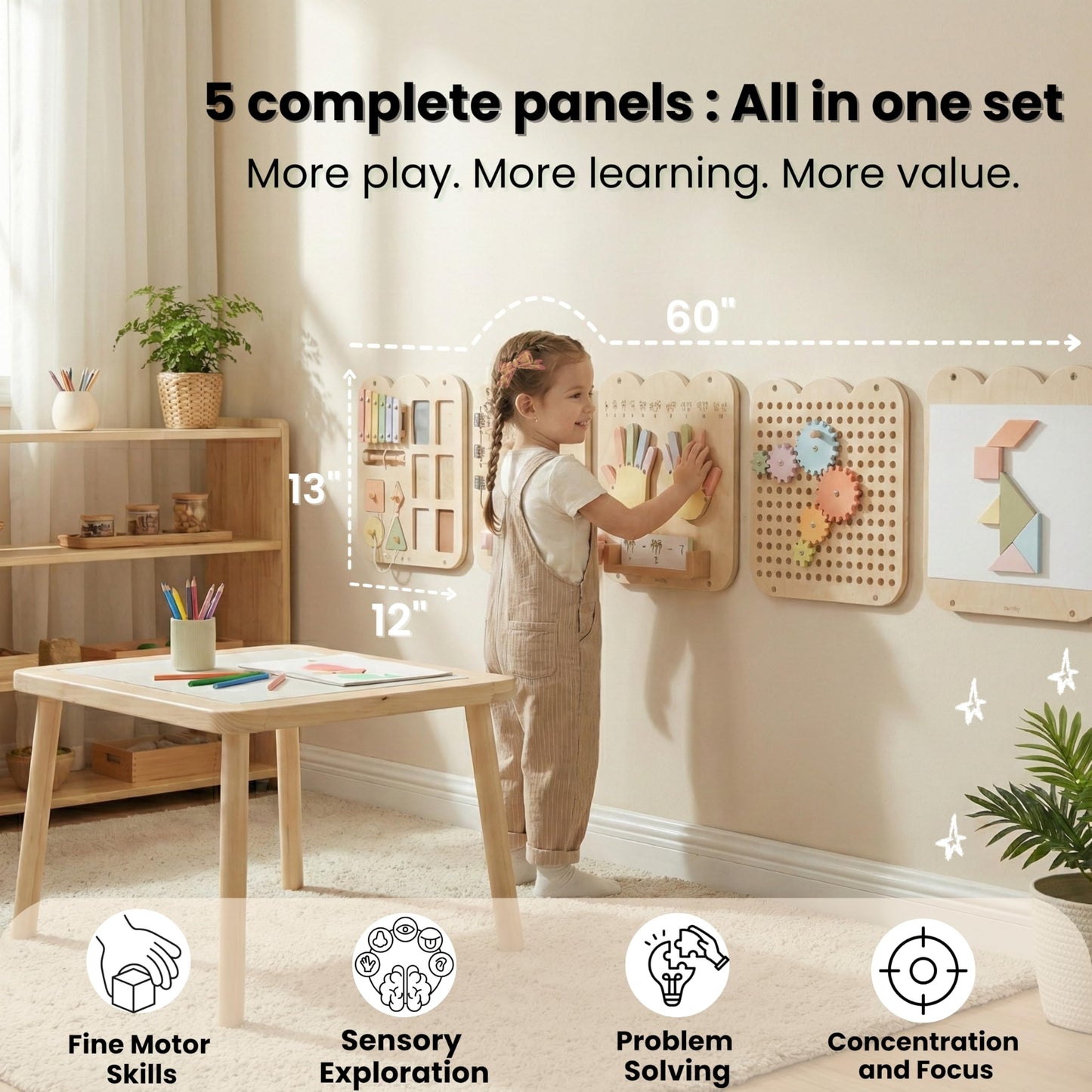 Nurtify 5 Panels, Wall Busy Board for Toddlers 2β7, 25-in-1 Montessori Wall Activity Board, Wooden Busy Board Wall Mounted, Sensory Wall Panel for Kids, Toddler wall Activity, Large Modular System