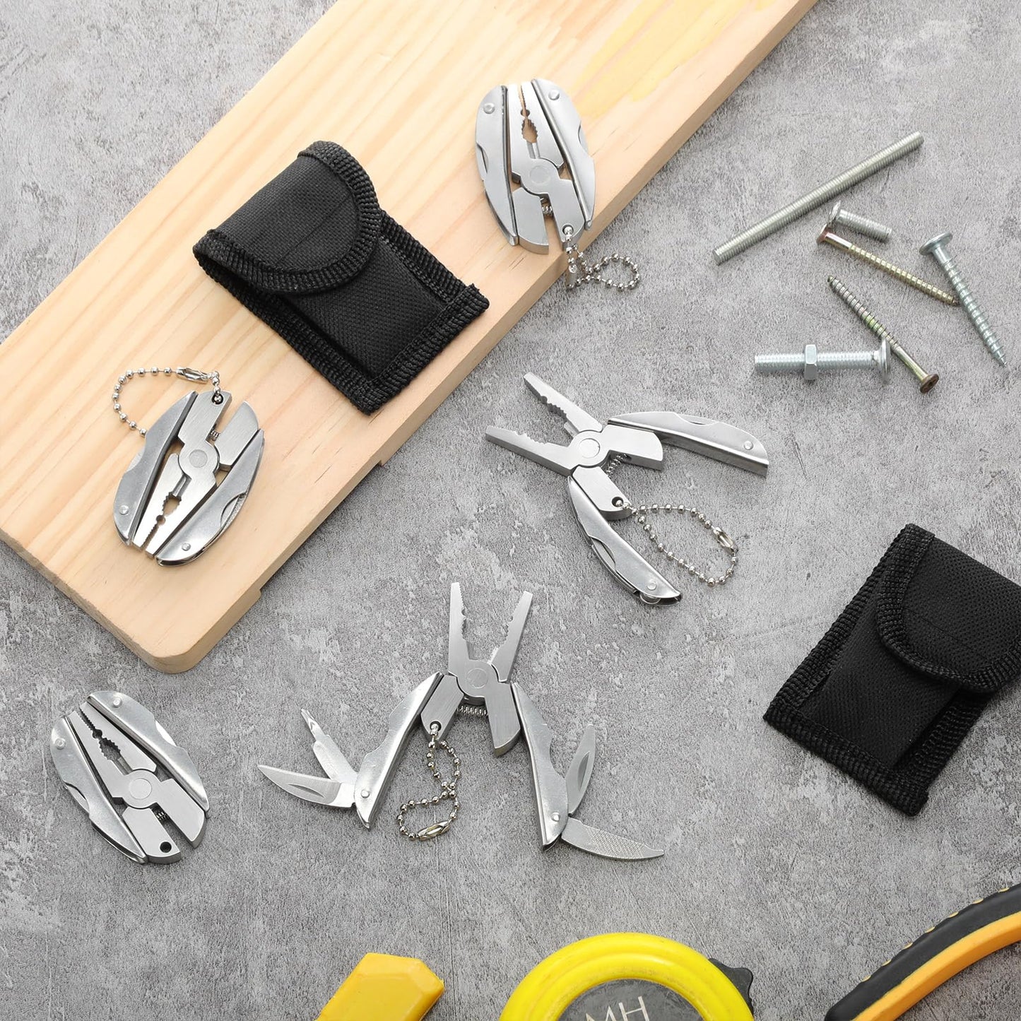 Leriton 12 Pcs Christmas Men Gifts Mini Pliers Bulk Stainless Steel Foldable Wrench Tool Party Favor Set Compact 6 in 1 Multipurpose Pliers Wrench with Sheath Tool Kit for Stocking Stuffers
