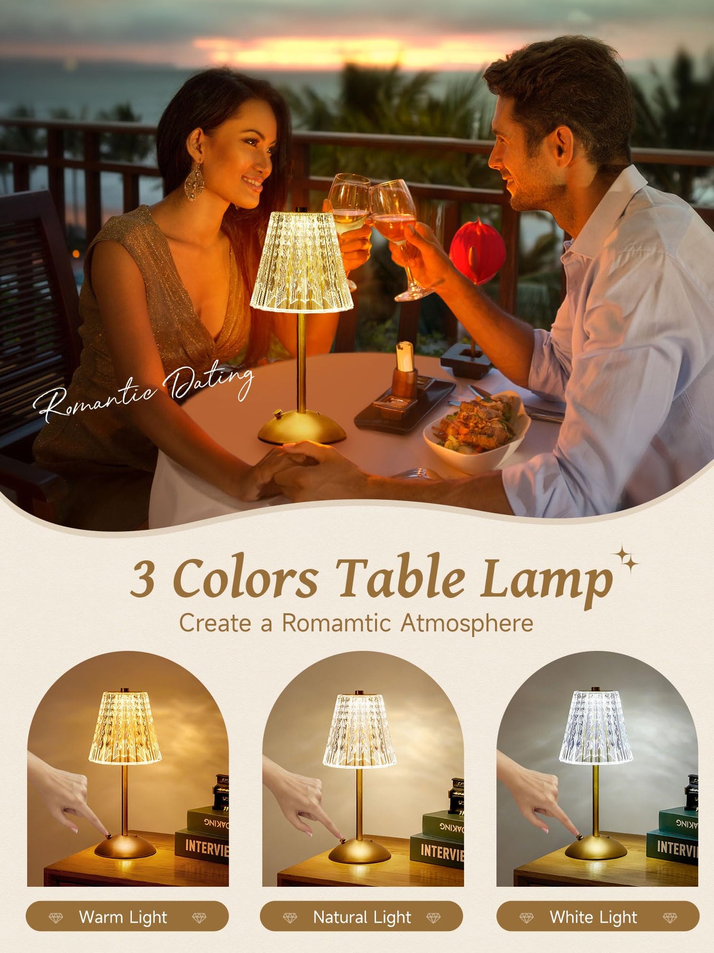 Upgraded Nightstand Lamps Set of 2, 3 Colors Dimmable Crystal Table Lamp Gold Lamp, Touch Lamp Bedroom Lamps, Rechargeable Small Lamp, Bedside Lamps Set of 2 for Bedroom Living Room Bathroom Hotel Bar