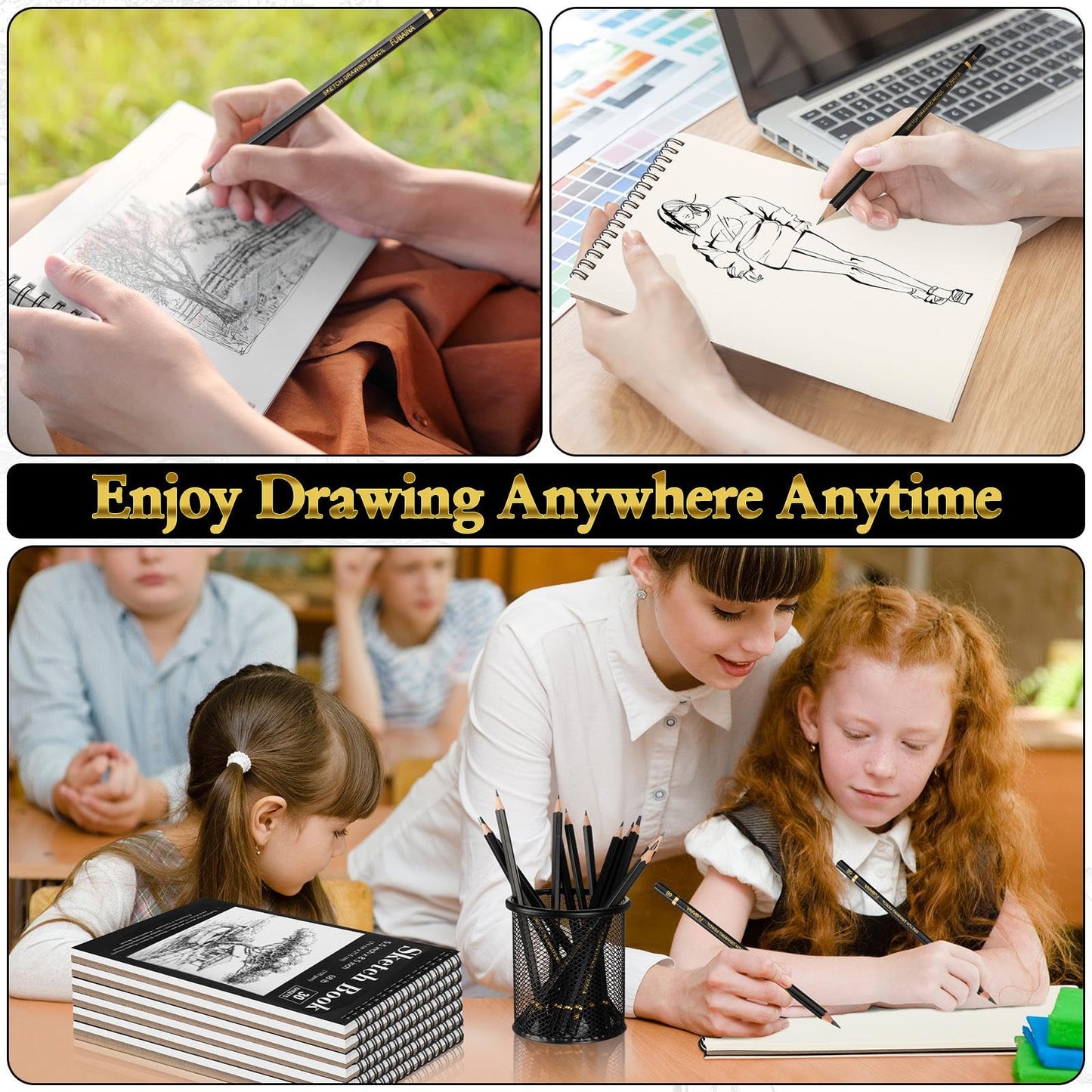 Humyoun 24 Pcs Top Spiral Bound Sketch Pad with Drawing Pencils Set, 5.5 x 8.5 Inch Sketchbook, 68lb(100gsm) Thick Paper, Charcoal & Graphite Pencils (12B-4H) for Shading, Artists & Beginners