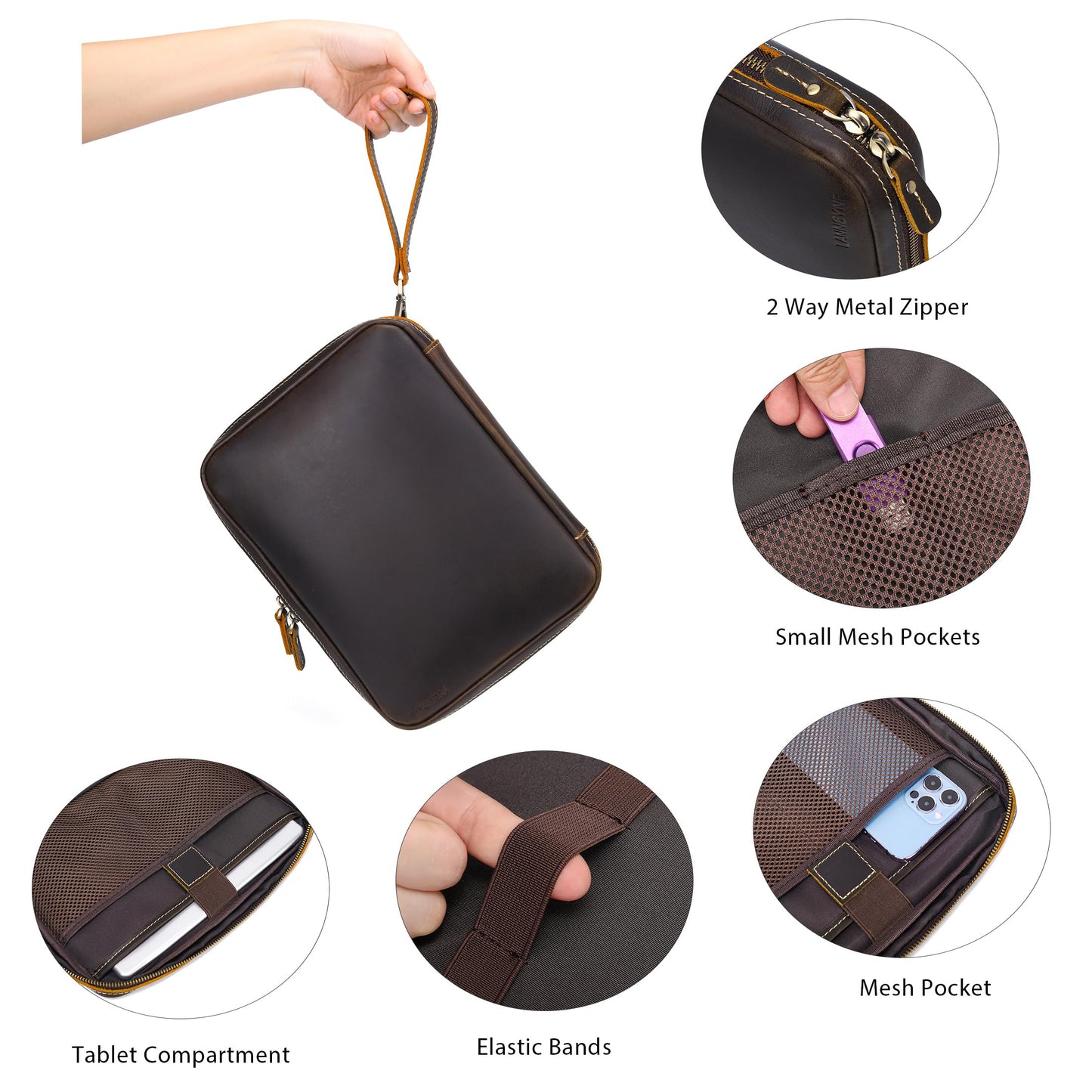 LANNSYNE Full Grain Leather Electronic Organizer Accessory Travel Tech Pouch, Cable Accessories Bag, Storage Carry Case for Charger, Phone, Power Bank, Cables