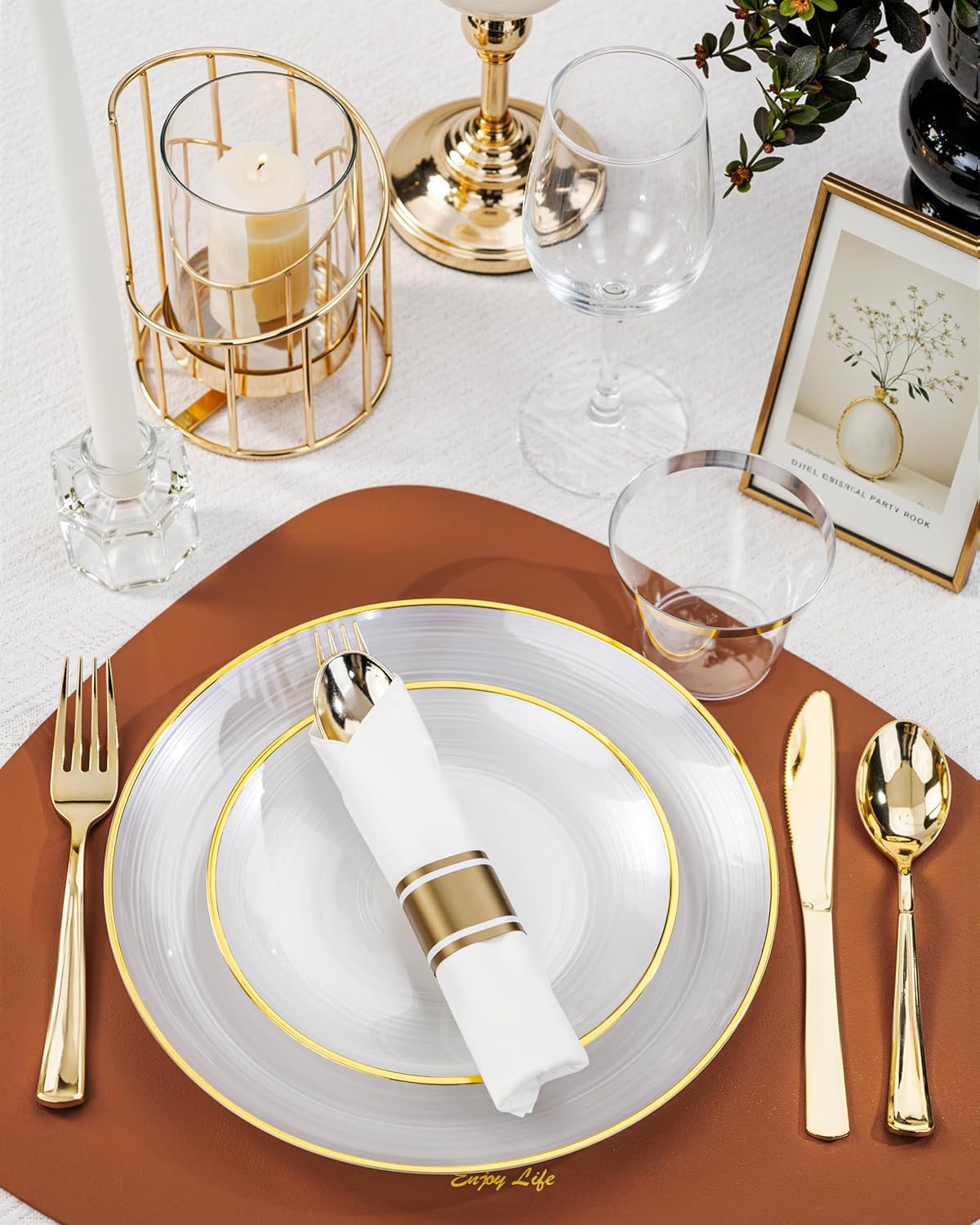 Morejoy 175PCS Pearl White and Gold Plastic Plates - Disposable Gold Party Plates & Pre Rolled Napkins with Cutlery for 25 Guests, 50Plates, 75Silverware, 25Cups, 25Napkin for Party & Thanksgiving