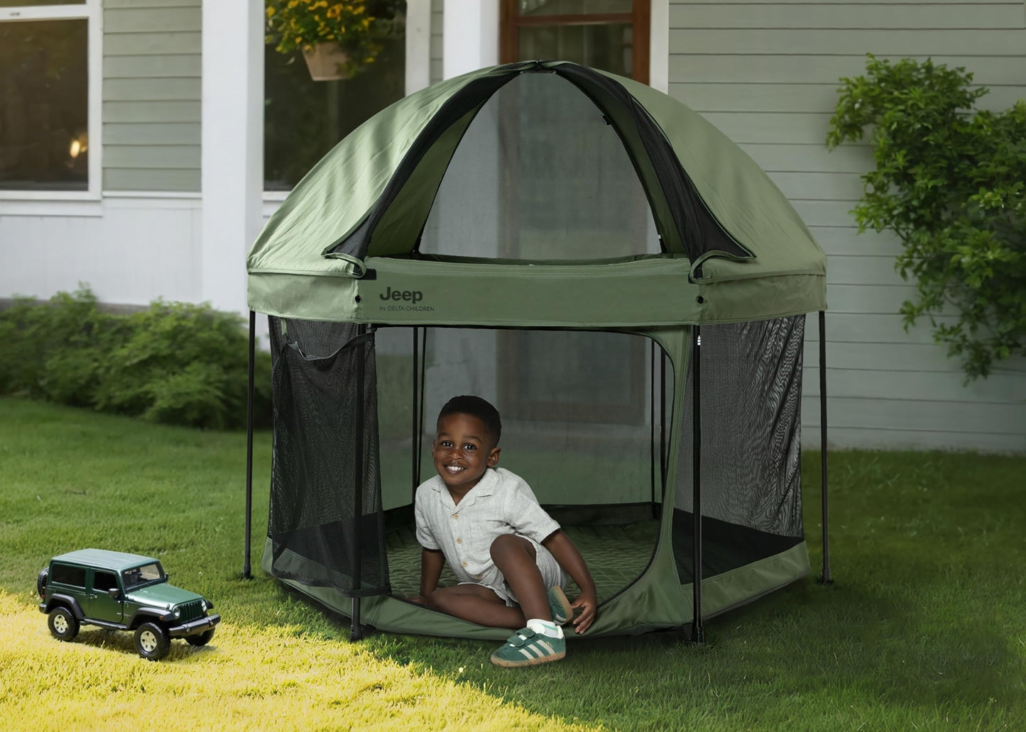 Jeep Hexagon Pop Up Play Yard with Removable Canopy | Ideal for Indoor and Outdoor Use, Olive Green