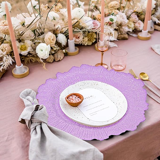 50 Pcs Lavender Charger Plates Bulk 13 Inch Plastic Charger Plates for Dinner Plate, Lavender Chargers for Table Setting, Reef Design Plate Floral Decorative Round Chargers for Wedding Party, Event