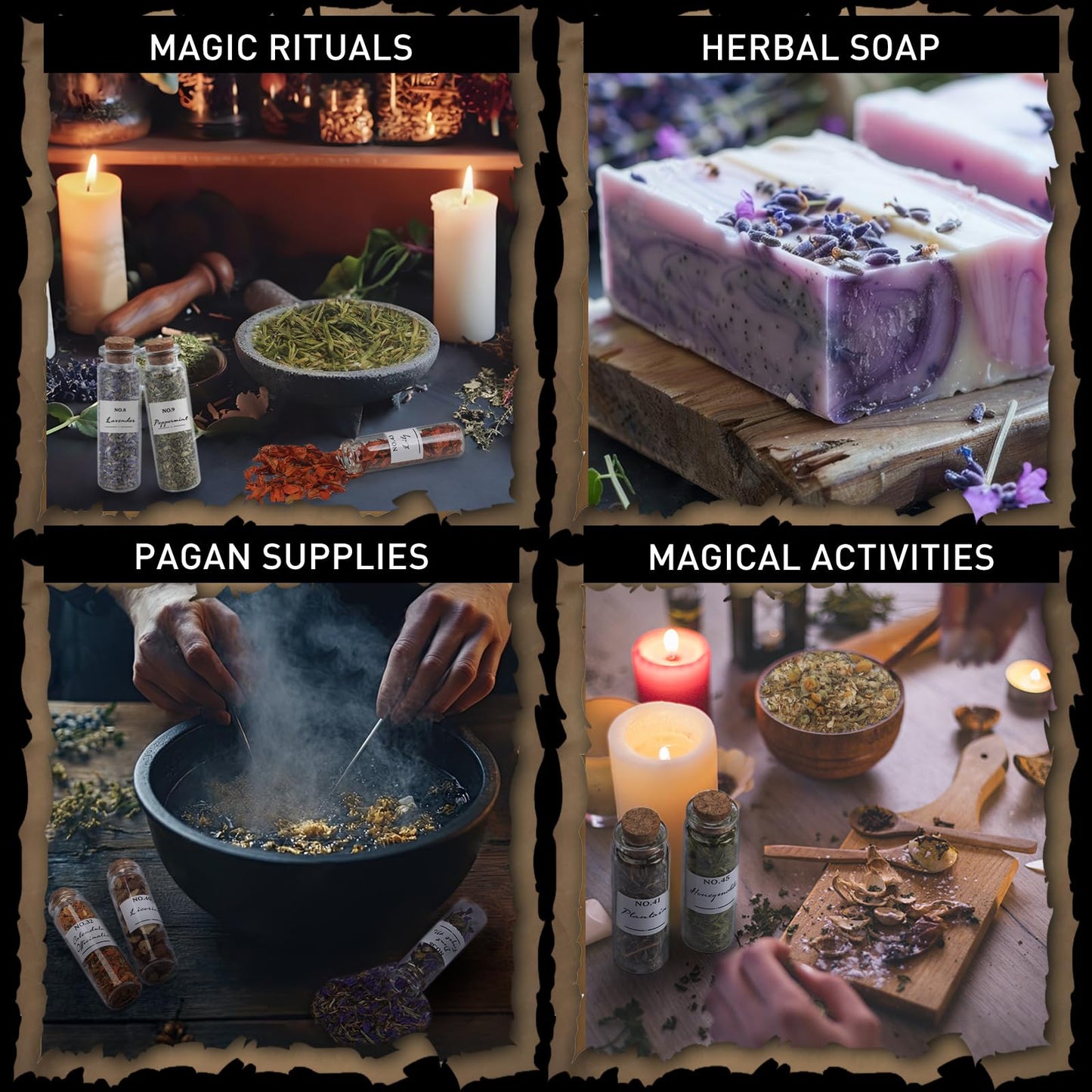 Witchcraft Supplies Herbs - 45 Bottles Dried Herbs Kit for Beginners - Altar Supplies Healing Herbal Natural Herbs Crystal Spoon for Wicca, Pagan Magic Spells and Bath