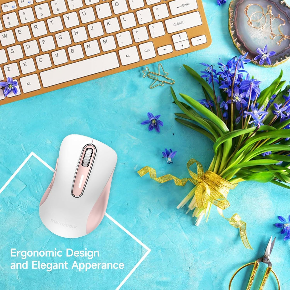 memzuoix 2.4G Wireless Mouse, 1400 DPI Computer Mice with USB Receiver, Portable Wireless USB Mouse Battery Powered Cordless Mice for Laptop, PC, Desktop, 5 Buttons (White Pink)
