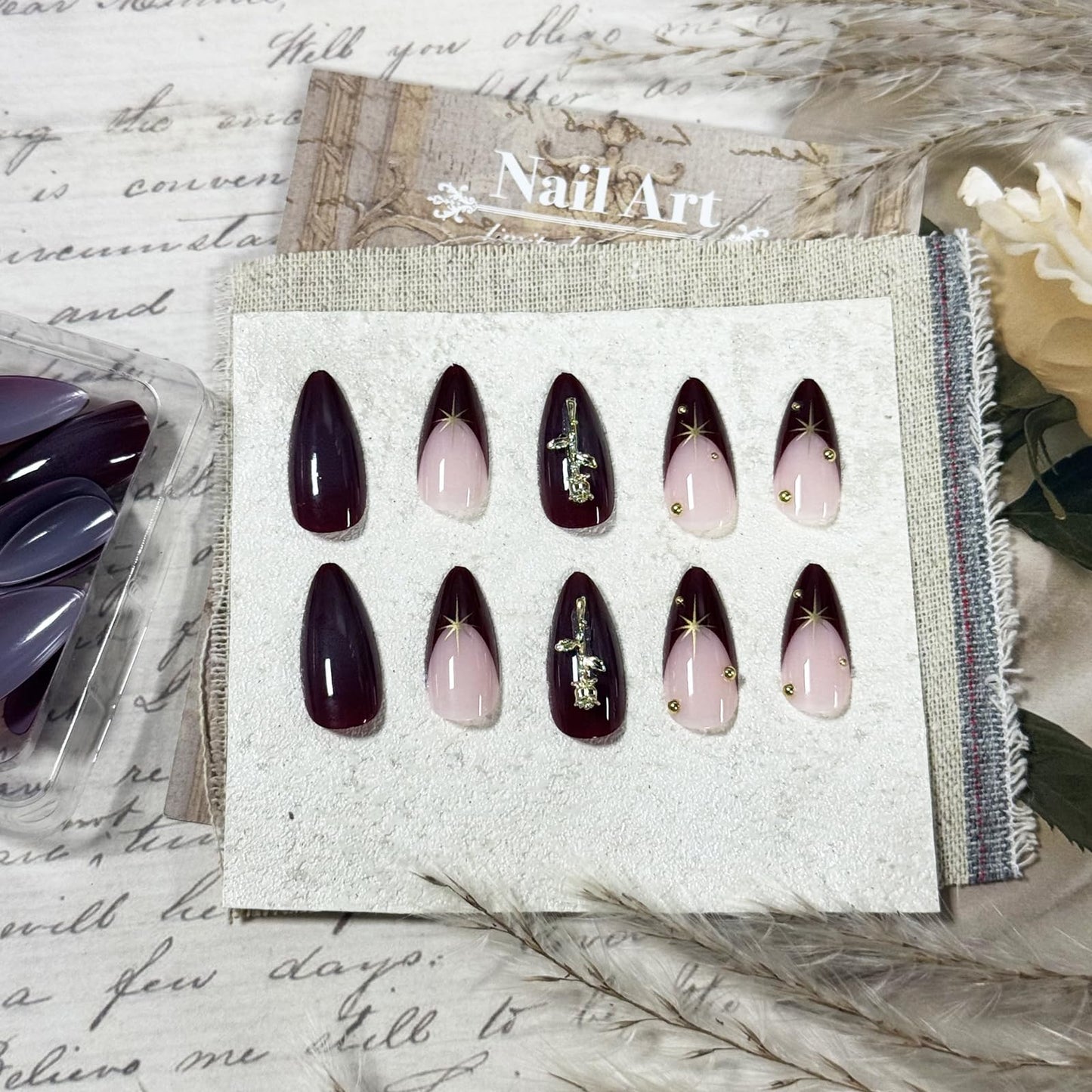 IMRAIN Press on Nails Medium Almond Fake Nails with 3D Golden Rose Designs Burgundy Acrylic False Nails Full Cover Stick on Nails for Women