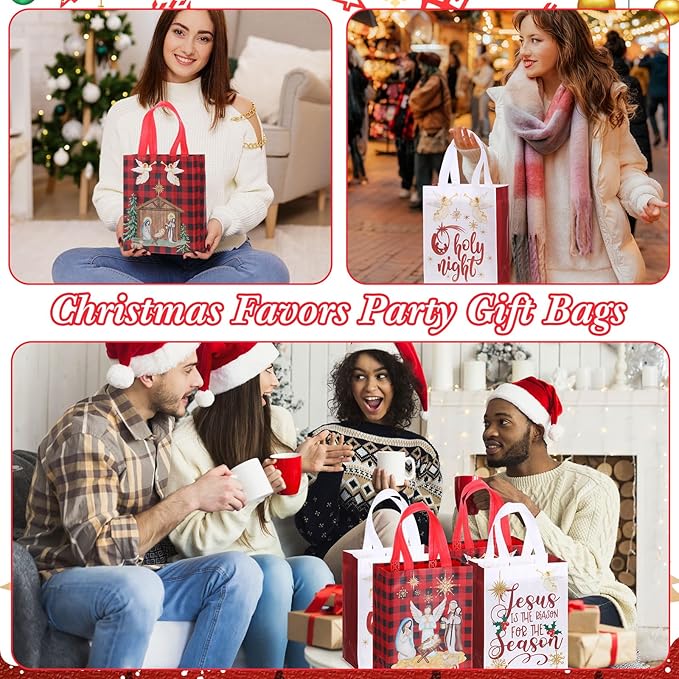 Wesnoy 24 Pcs Christmas Nativity Bags Bulk 10 x 8 x 4 Inch Christmas Jesus Non Woven Gift Bags with Handles Holy Night Religious Jesus Decoration Gift Packaging Reusable Christian Supplies for Xmas