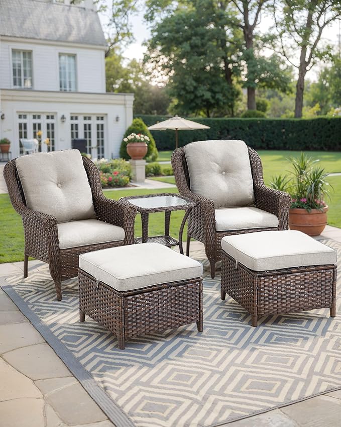 3 Piece Patio Brown Wicker Chairs with Side Table - Outdoor High Back Heavy Duty All-Weather Lawn Dining Rattan Chair Conversation Bistro Set for Deck Porch Balcony Backyard Garden - Beige