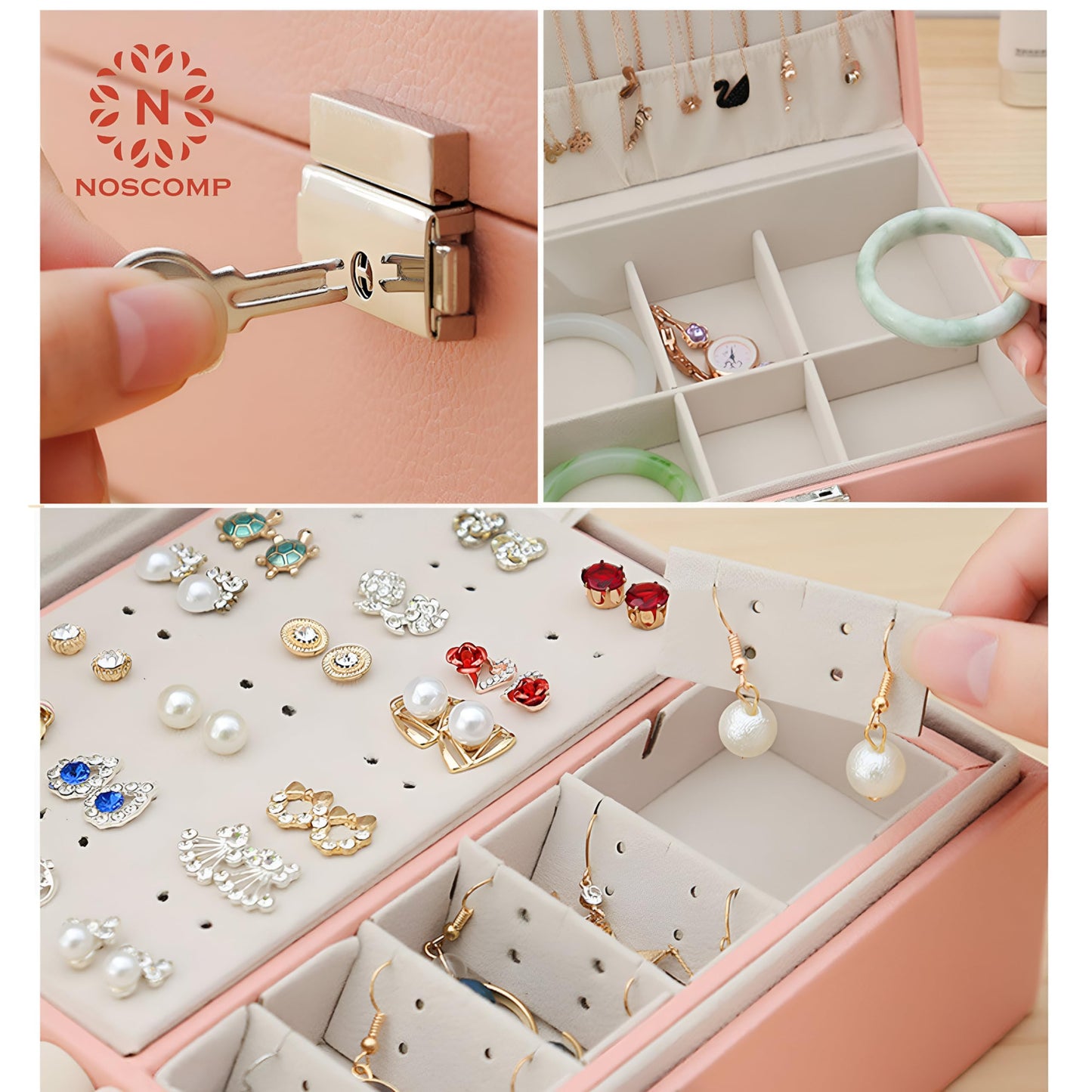 NOSCOMP Faux Leather Organizer Box, Jewellery Organiser, Storage Bag For Necklace: Earrings: Rings: Bracelet, Portable Storage Box Case With Dividers (Pink)