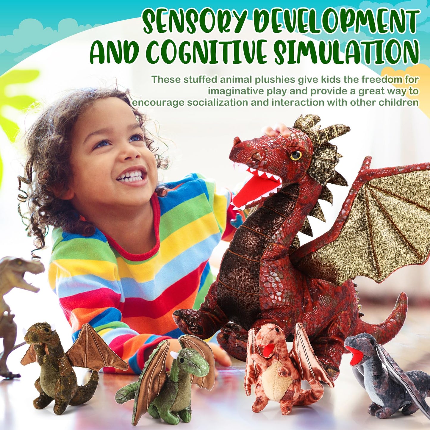 Deekin 7 Pcs Dragon Toy Set 16 Inch Large Dragon Stuffed Animal with 4 Baby Plush and 2 Eggs in Mommy's Belly Dinosaur Plushies Gifts for Boys Girls Birthday(Retro Style)