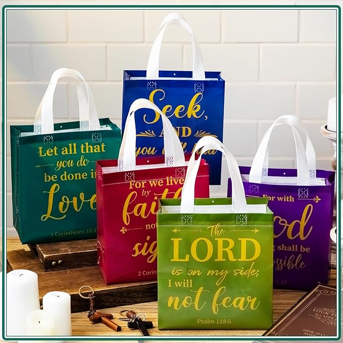 HunnmingRe 64 Pcs Christian Gift Bags Bulk, Easter Reusable Religious Bible Verse Tote with Handles Non Woven Scripture Pastor Blessing Gift for Baptism Church Wedding Favors