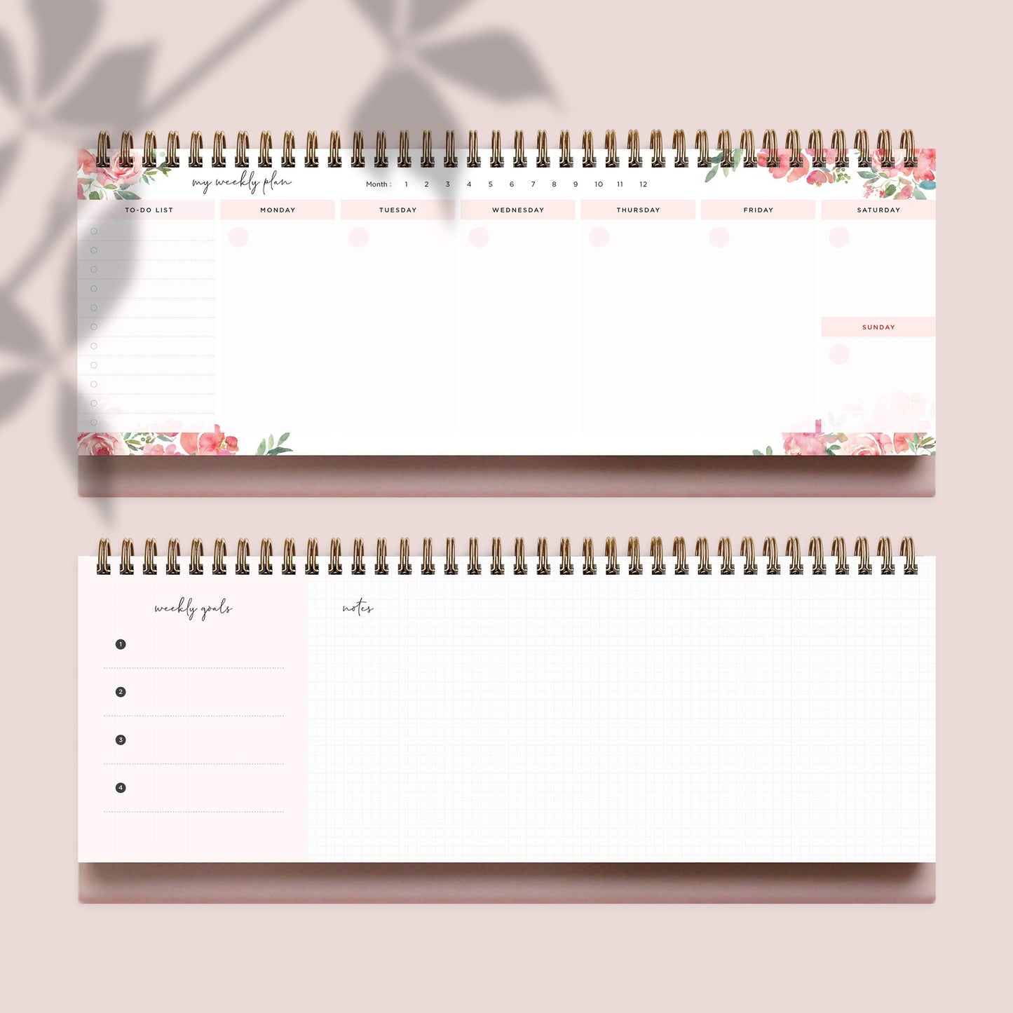 Belle Fleur Non-Dated Spiral Weekly Desk Calendar Planner, 60 Week Inspirational to Do List Pad Desktop Stand, 3.75" x 10.5", La Lune Collection by Bright Day