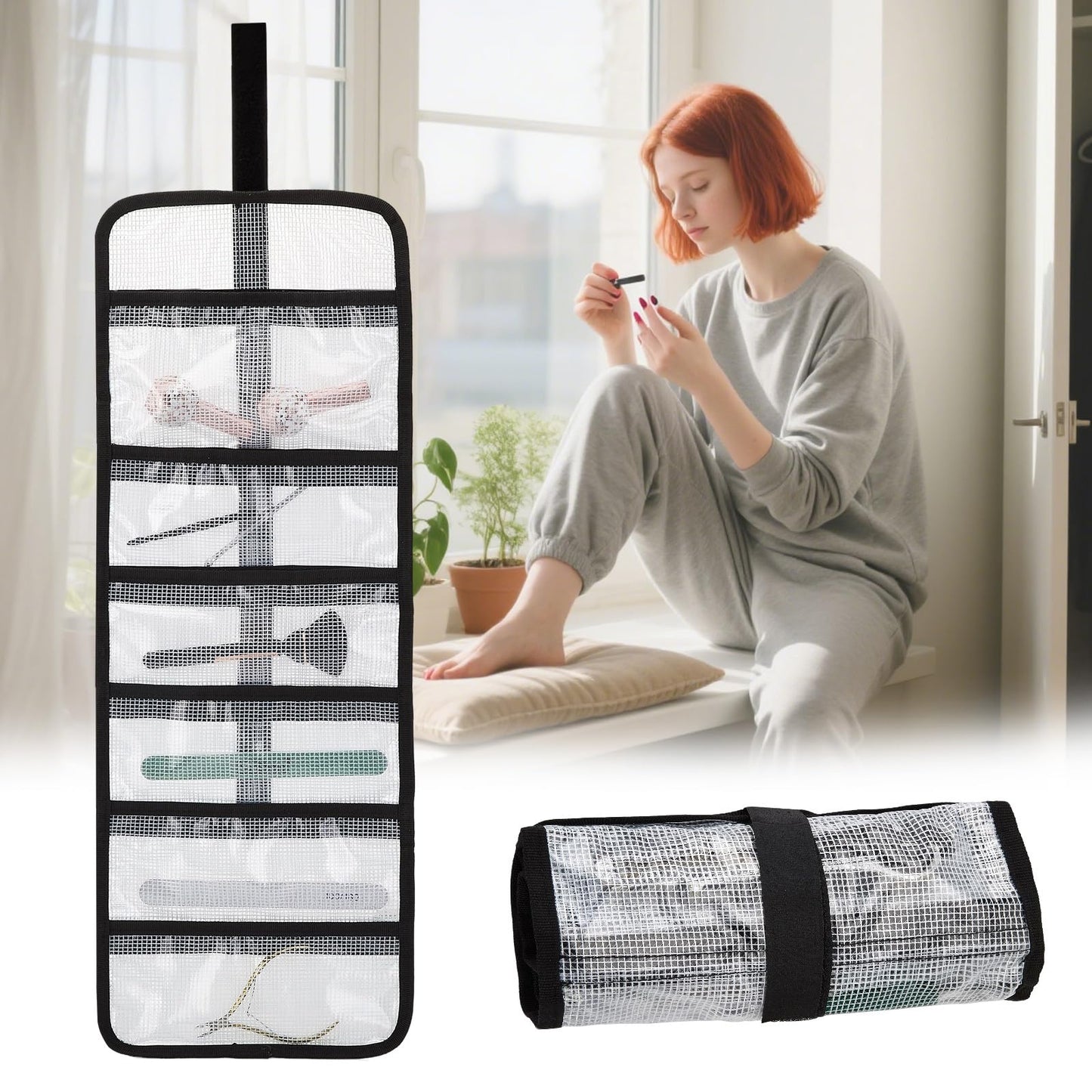 Small Roll Up Storage Bag, 6 Pockets Roll Up Tool Kit, Suitable for Mechanics, Kitchen Storage, Art Sketching, Travelling, Potter's Tools, Office Objects, Transparent and Visible, Space-Saving 4 Pack
