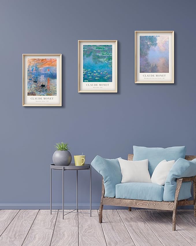 Framed Claude Monet Water Lilies Canvas Wall Art,Vintage Impressionist Botanical Painting,16x12IN High Framed Design Prints,Minimalist Classic Decor Aesthetic for Living Room,Bedroom,Bathroom Set of 3