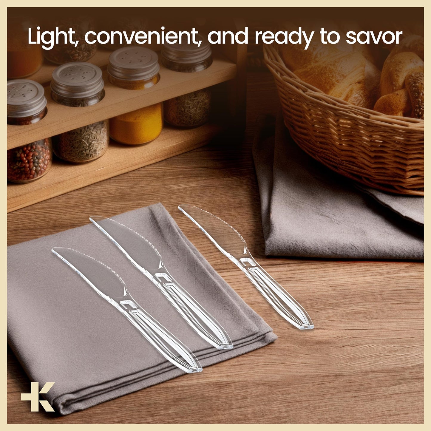 Bakken Disposable Cutlery Set 180 Pieces Knives, Heavy Duty Plastic Silverware, BPA-Free Food-Grade Materials, Heat-Resistant, Reusable Utensils for Parties, Catering, BBQs, and Everyday Use, Clear