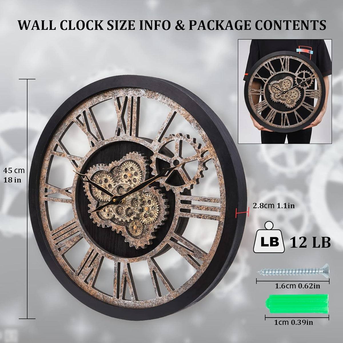 HOIBAI Wall Clock, Large Wall Clocks for Living Room Decor 18 Inch Battery Operated Silent Non-Ticking Modern Farmhouse Vintage Roman Big Wall Clock for Home Bedroom House, Moving Gears Clock