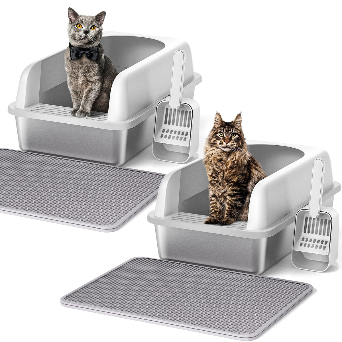 Henkelion Stainless Steel Cat Litter Box with Lid, Extra Large Litter Box for Big Cats with High Sided, Non-Sticky, Anti-Urine Leakage, Easy Cleaning, Include Cat Mat and Scoop with Holder (S)