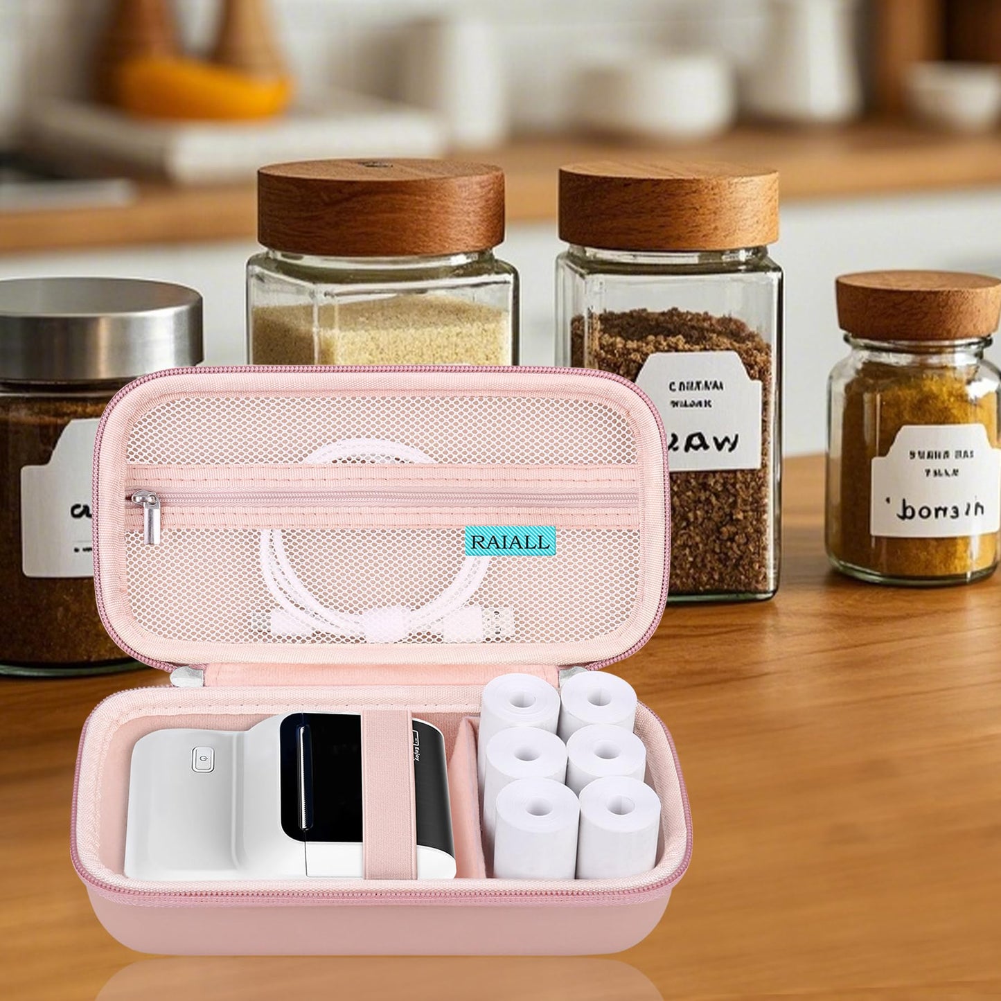 RAIALL Carrying Case for NelkoGlobal M100 Label Maker, NelkoGlobal M100 Inkless Thermal Bluetooth Label Printer Bag, Handheld Barcode Labeler Storage Holder, Pocket Fits Label Paper, Rose Gold