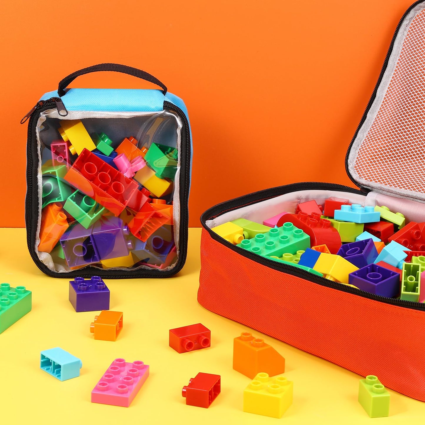 6 Pack Toy Storage Bags, Reusable Board Game Storage Bag with Visible Top, Label Slot, Manual Pocket&Handle, Travel Organizer Case for Bricks, Building Blocks, Puzzle, Car Toys, 3 Different Size