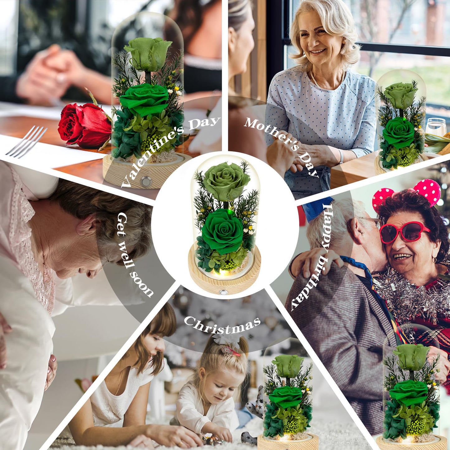 Regalo Flor Preserved Flowers Gifts for Women, Unique Green Preserved Roses in Glass Dome, Forever Flowers for Mom, Birthday Gifts for Women