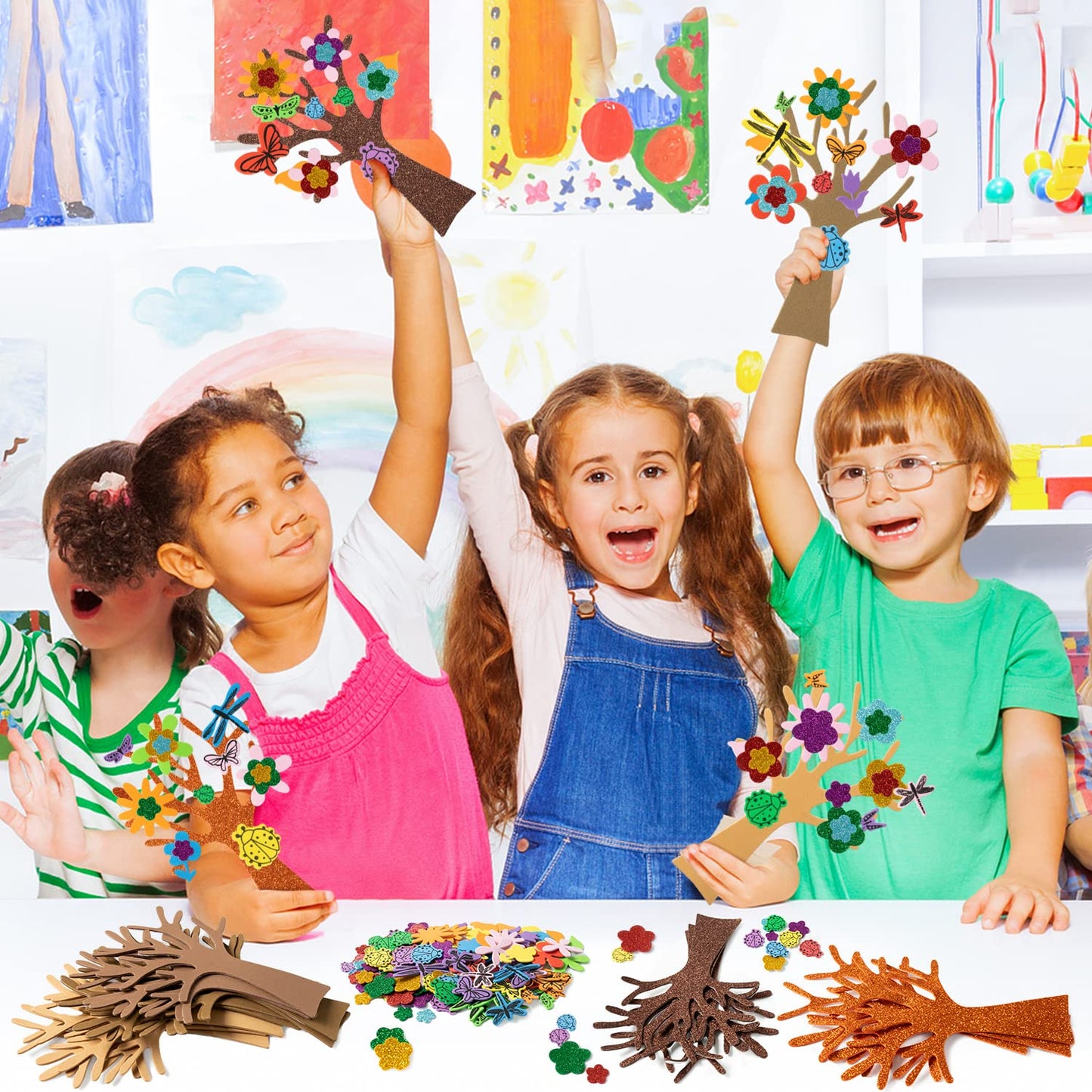 JAPBOR 86PCS Spring Tree Foam Craft Sticker, Springtime Glitter Flower Leaf Butterfly Self Adhesive Stickers, Make Your Own Spring Trees Party Decoration for Art Fun Home Classroom Activities