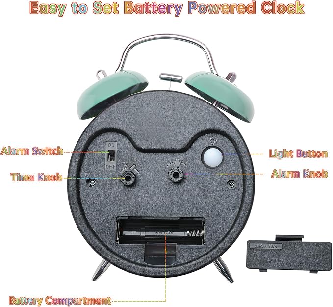 Peakeep Learning Clock for Kids Time Teaching, Loud Alarm to Wake Up | 4.5" Twin Bell Alarm Clock Battery Operated for Teenagers Kids, Kids' Room (Aqua)