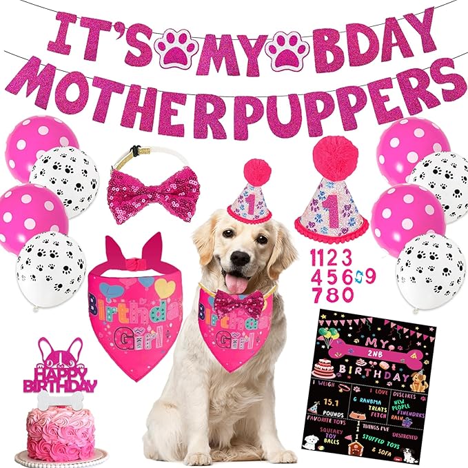 Blue Dog Birthday Party Supplies Pet Birthday Bandanas Boy Doggy Birthdays Hat Bow Tie Greeting Card Numbers It's My Bday Mother Puppers Sign Banner for Medium Large Pets