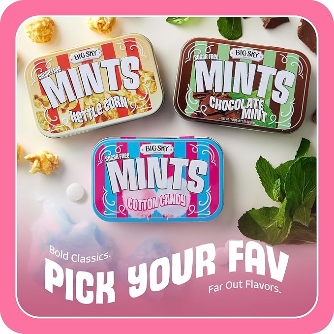 Big Sky Sugar Free Mints Cotton Candy | Sugarfree, No Artificial Colors or Flavors | Kosher Certified, Vegan, Gluten Free | Aspartame & Xylitol Free | 50 Count Tin (Pack of 6)