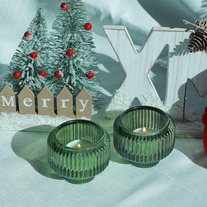 Woho Candlestick Holders Set of 4 for Taper Candles/Tea Lights, Green Ribbed Candle Sticks Holder Decor for Table Centerpiece, Reversible Taper Candle Holders Glass for Christmas Home Decoration
