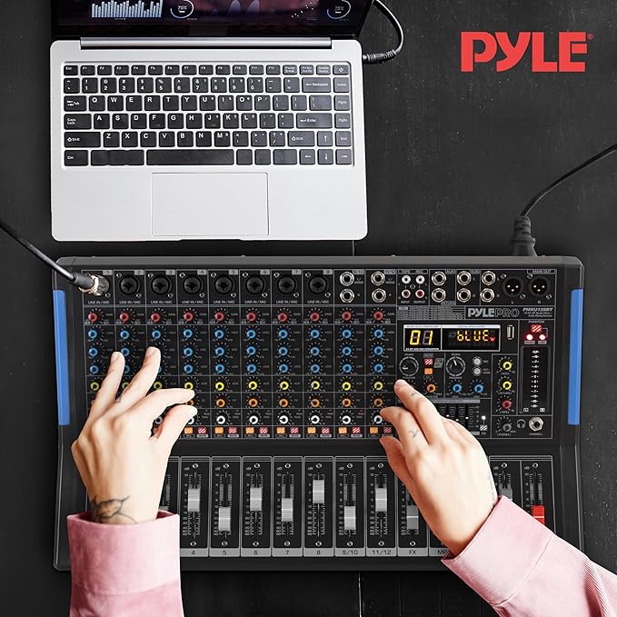 PYLE 12-Channel Bluetooth Studio Audio Mixer - DJ Sound Controller Interface with USB Drive for PC Recording Input, RCA, XLR Microphone Jack, 48V Power, For Professional and Beginners - PMXU128BT