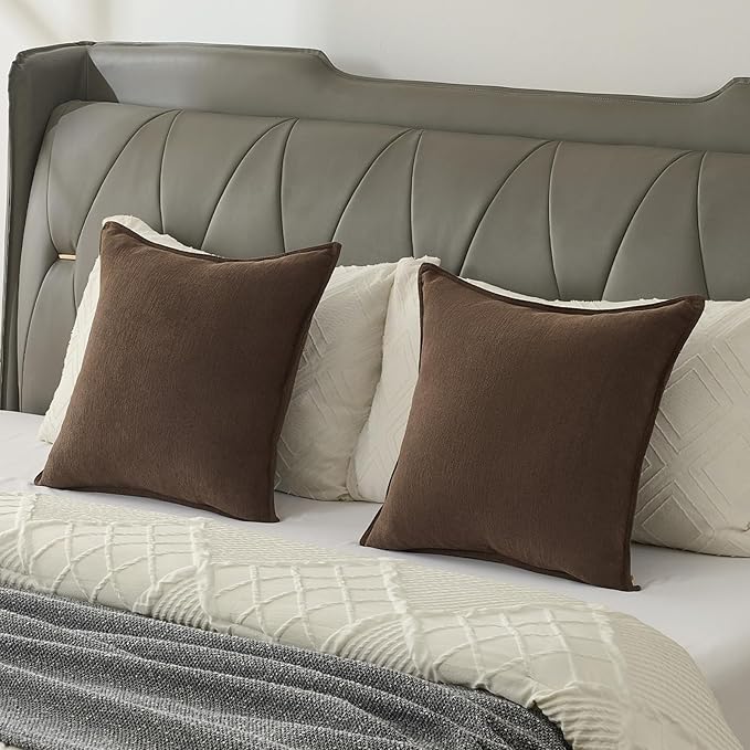 FUTEI Dark Coffee Chenille Throw Pillow Covers 26x26 Inch Set of 2,Edges Double-Stitched Euro Pillow Shams,Modern Home Decor for Couch Living Room