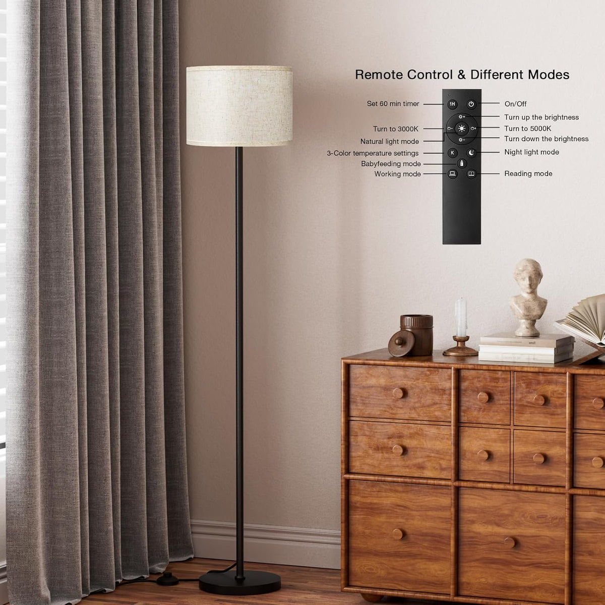 Ambimall 60'' Modern Floor Lamp with Remote, Tall Lamps for Living Room, Bedroom, Office, Dining Room, Beige Shade with Black Pole(Included Bulb)