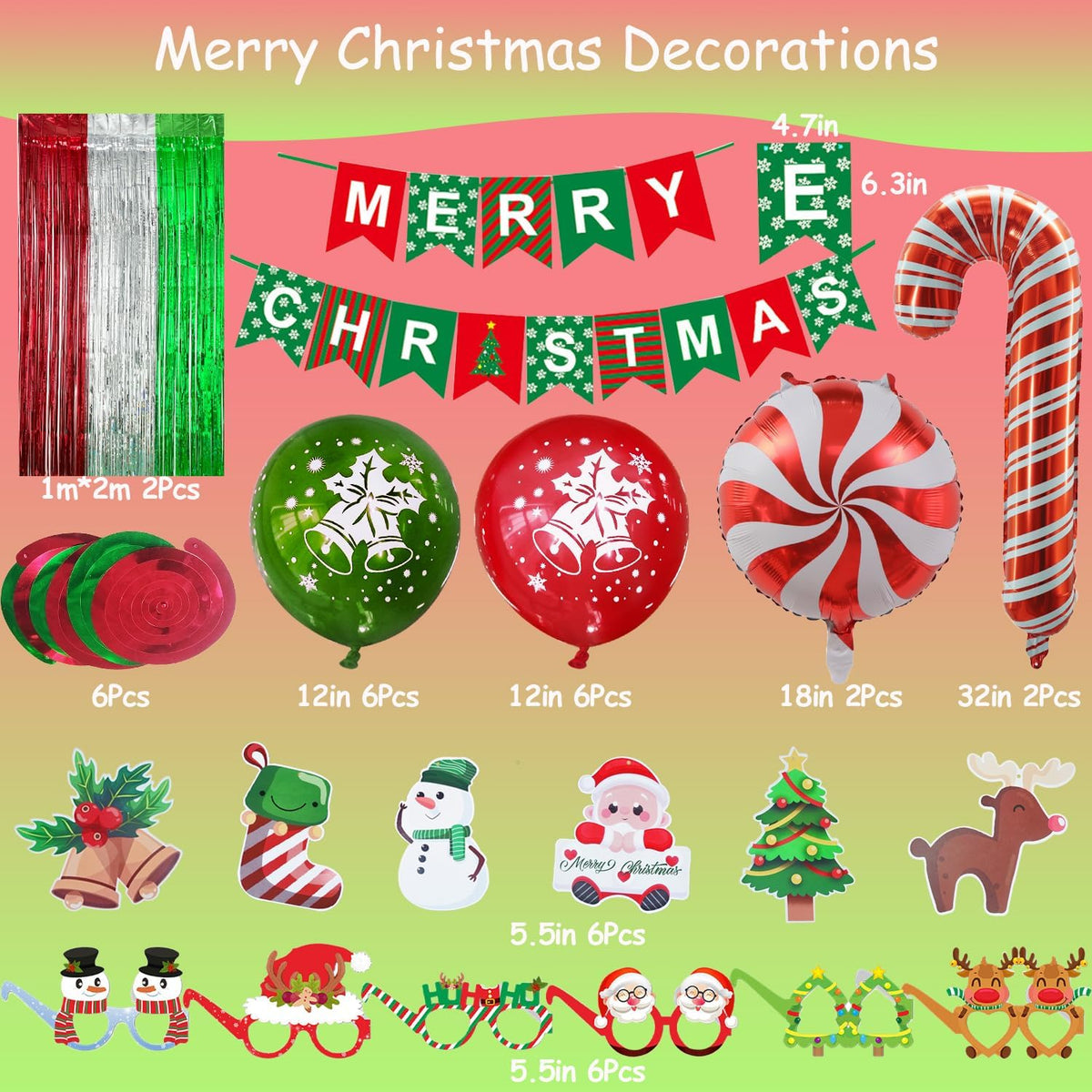 Christmas Decorations, Merry Christmas Decor Banner Hanging Swirls Candy Cane Balloons Tinsel Backdrop Glasses Frames for Indoor Outdoor Decorations