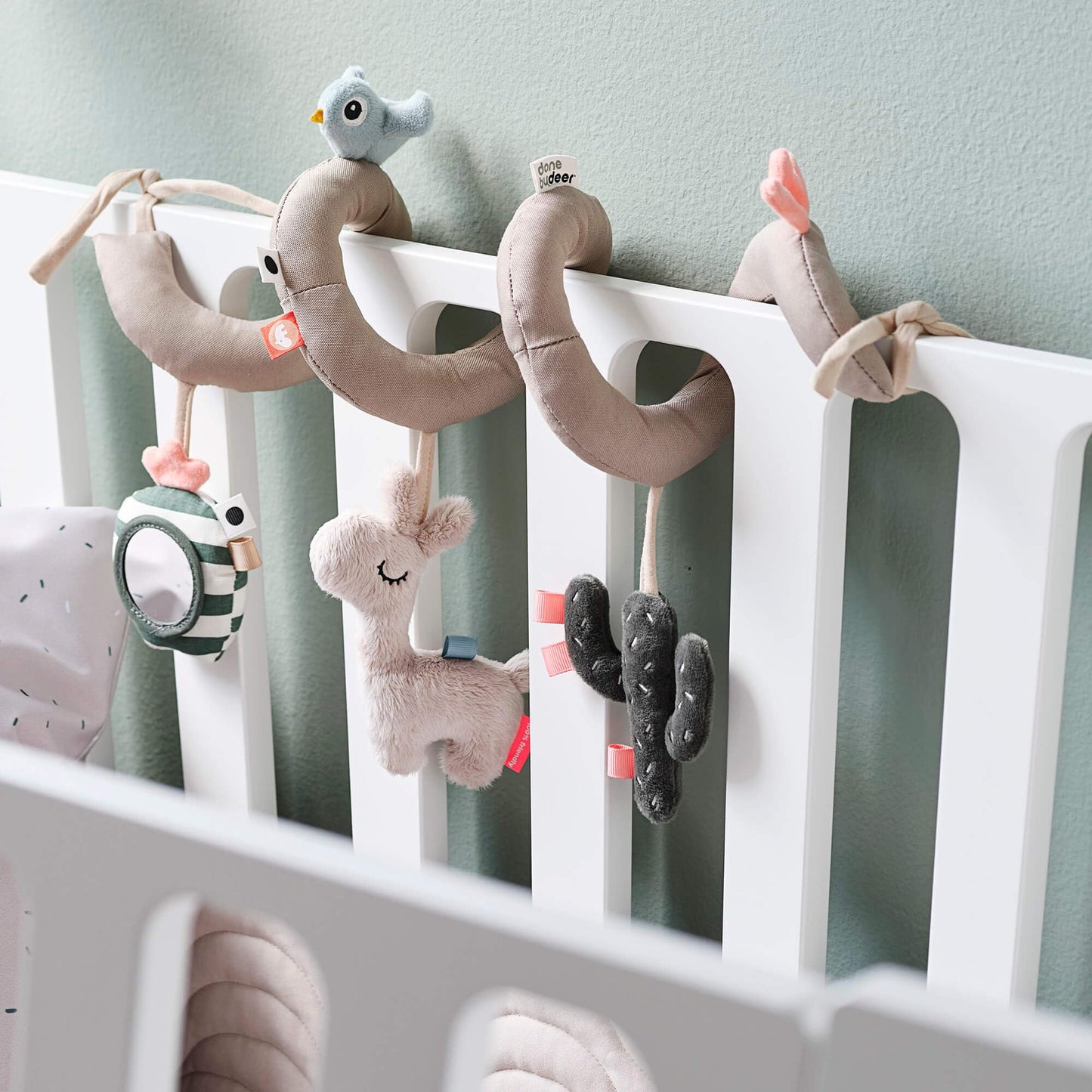 Done by Deer Car Seat Toys Hanging - Activity Spiral – Sensory Baby Toy with Mirror with Sound & Crinkle Sounds - Attachable to Cot, Carseat & Stroller - Soft & Baby-Friendly Materials