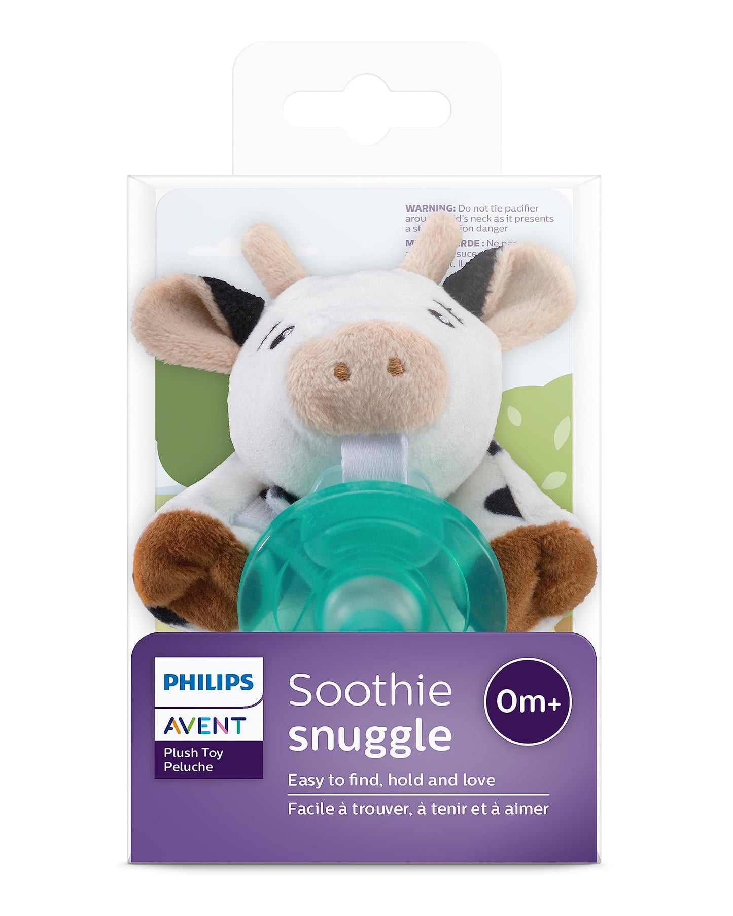 Philips Avent Soothie Snuggle Pacifier Holder with Detachable Pacifier, 0m+, Cow, SCF347/05