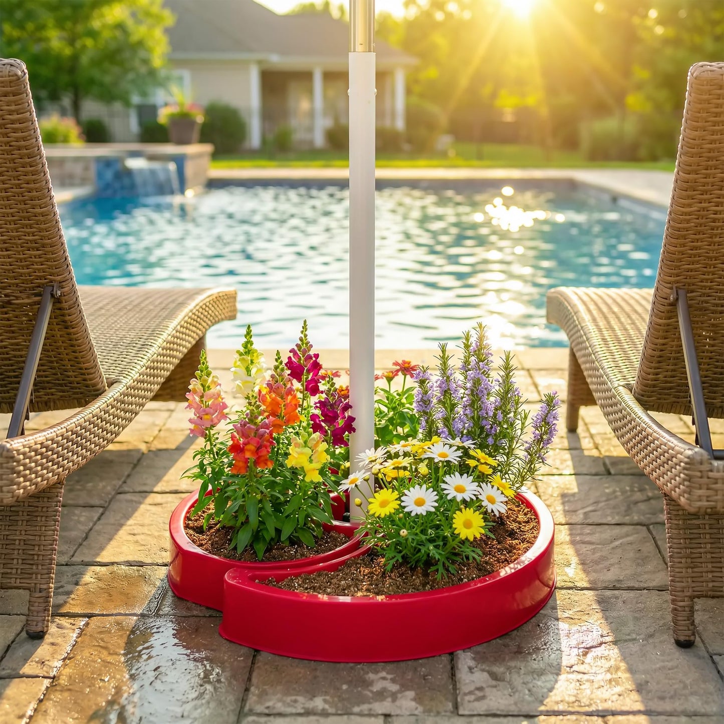 U0U 2 Pack Umbrella Planters for Patio Table,Half Circle Planter with Umbrella Hole,PET Post Planter Wrap Around for Outdoor Garden Patio Pable Umbrella (2, Red)