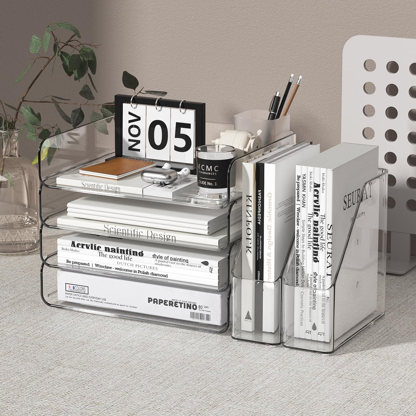 FANXIYQ 4-Tier Horizontal Acrylic Paper Tray Organizer with Bookends | Clear Stackable Desk Organizer for Documents, Letters, A4 Paper | Modern Office/Classroom/Home Organization