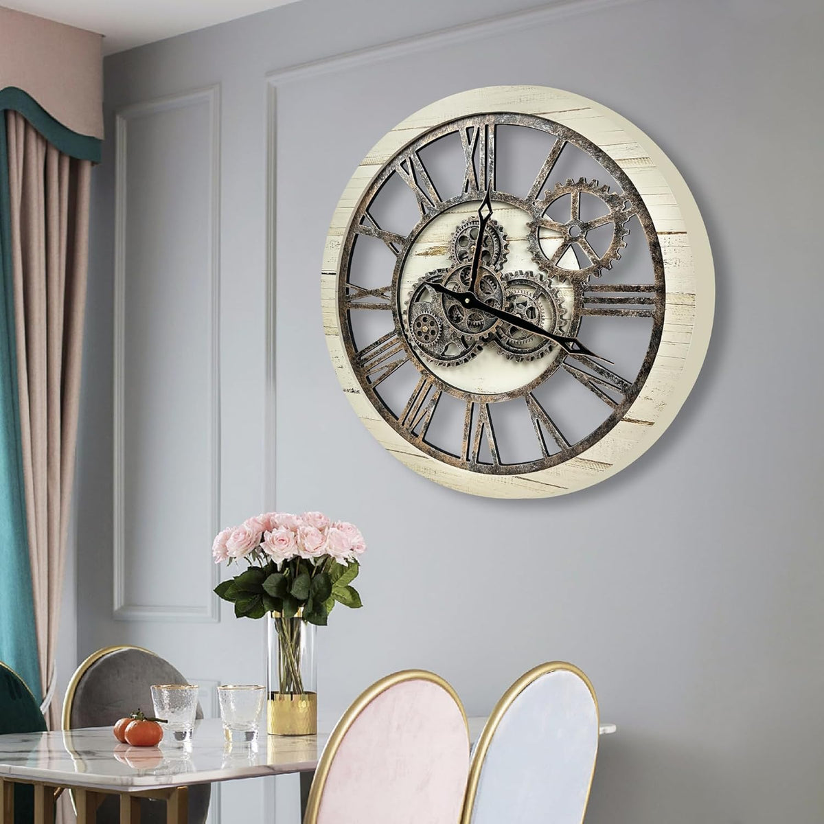 The B-Style Large Wall Clock 24 inch Moving Gear Wall Clock Oversized Vintage Farmhouse Wall Clocks for Living Room Decor Rustic Industrial Wood Clock (Desert Beige, 24 inch/60cm)