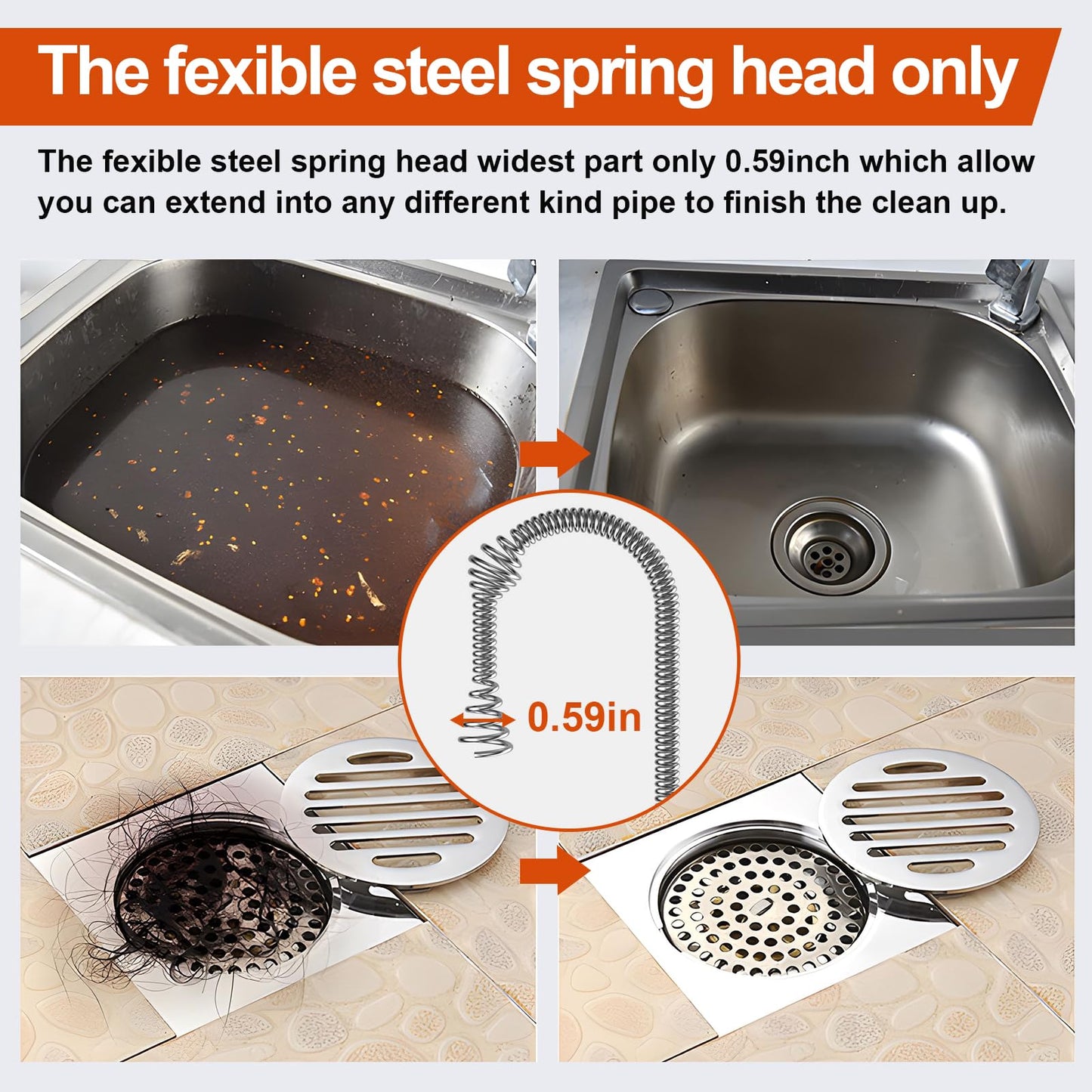 KINGLEV Drain Snake, 50ft Flexible Steel Drain Auger With Drill Adapter, Heavy Duty Sink Plumbing Unblocking Hand Auger, Manual Or Powered for Shower & Bathtub Clogs-No auto retract or feed