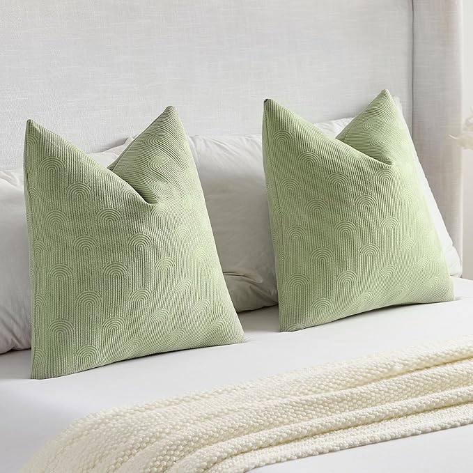 FUTEI Sage Green Chenille Decorative Throw Pillow Covers 12x20 Inch Set of 2,Soft Cozy Striped Geometric Patterns Lumbar Pillow Cases,Modern Home Decor for Couch Bed Living Room