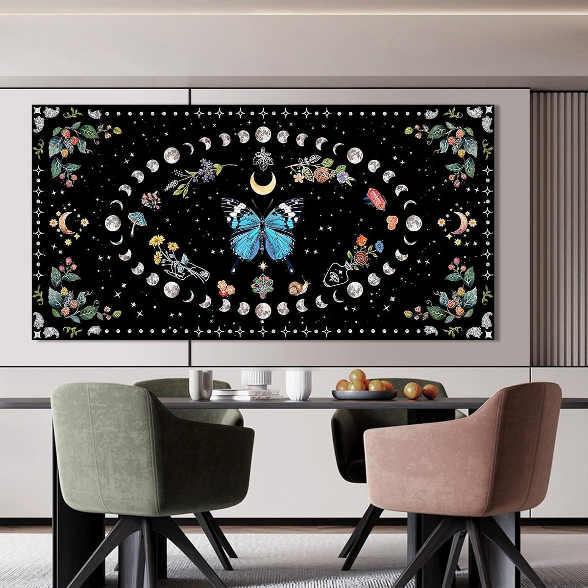 Large Canvas Wall Art Blue Boho Wall art Decor Canvas Art Wall Decor Wall Pictures for Living Room Vintage Butterfly Wall Art Moon Flower Prints Large Artwork for Walls Home Room Decor 29" X 58"